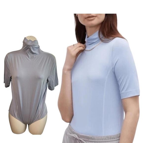 Club Monaco L Bodysuit Blue Stretch Mockneck Modest One Piece Normcore Casual - Picture 1 of 12